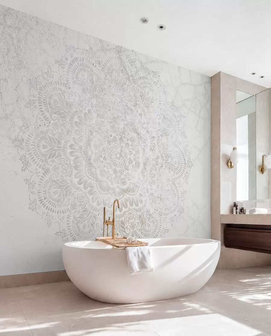 Fototapet Mandala, vitt spetsmönster med blom- och cirkulära motiv, skapar en delikat och intrikat design w00737