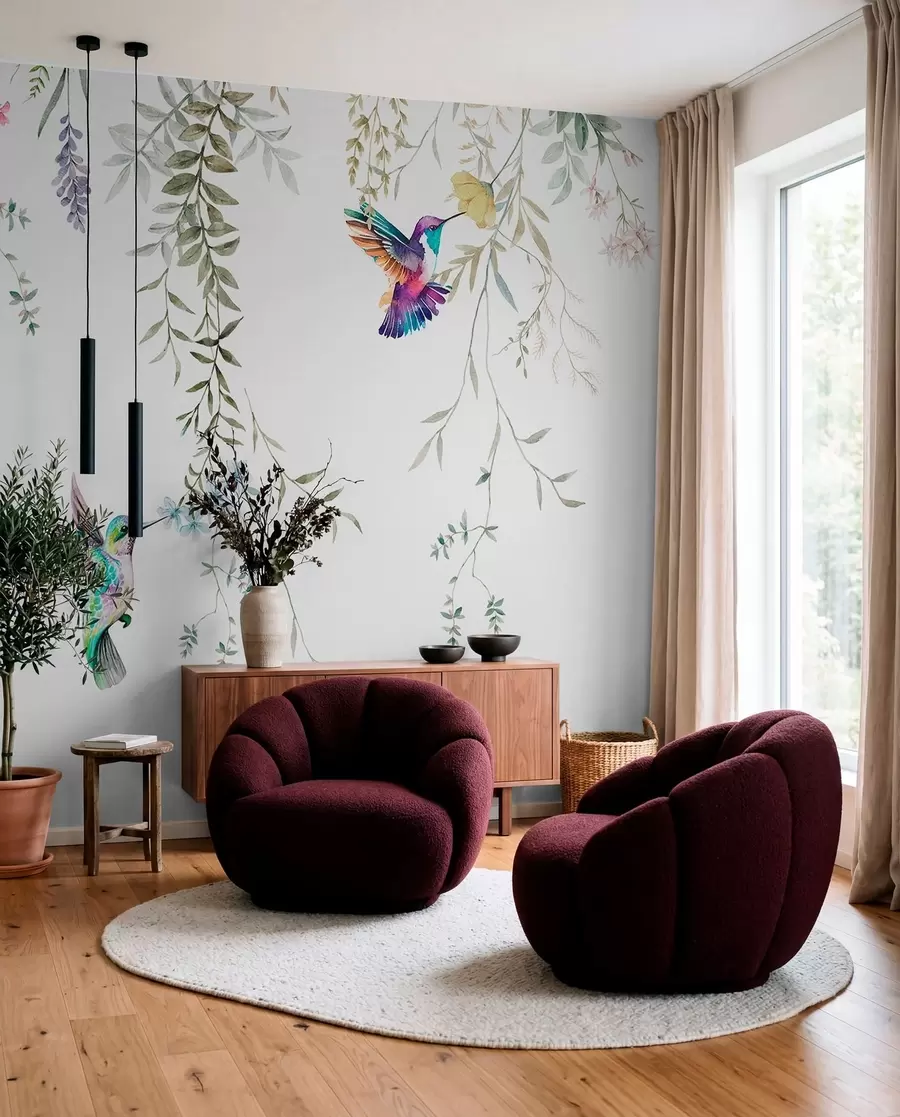Fototapet Hängande blommor och löv och vackra kolibrier w00660