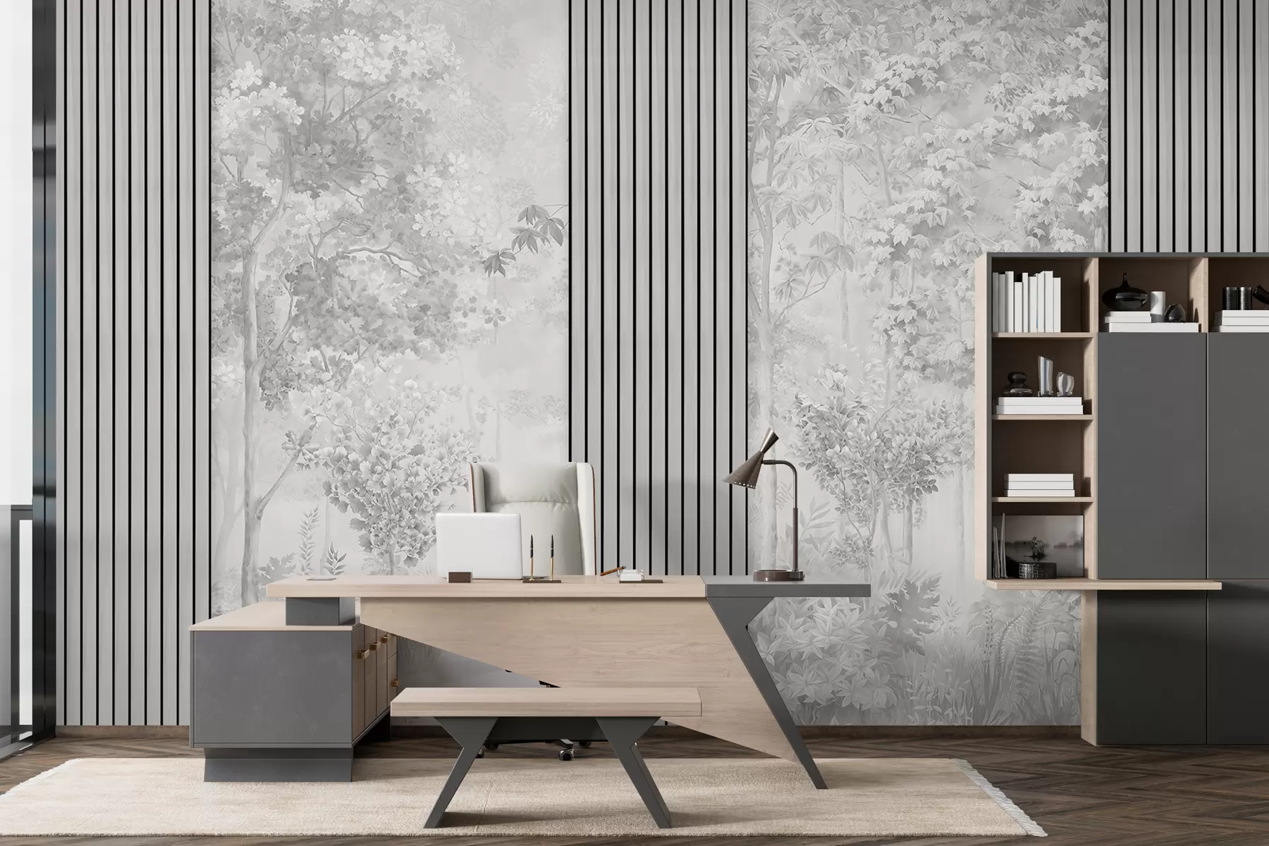 Fototapet Träpaneler och ömtålig skog i gråa toner w00670v3