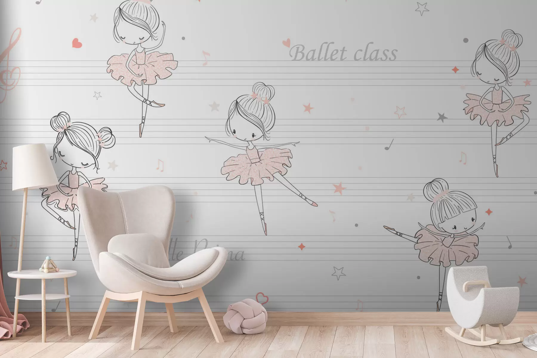 Fototapet Ballerina tjejer i persika klänningar skandinavisk stil för barnrummet w00755v2