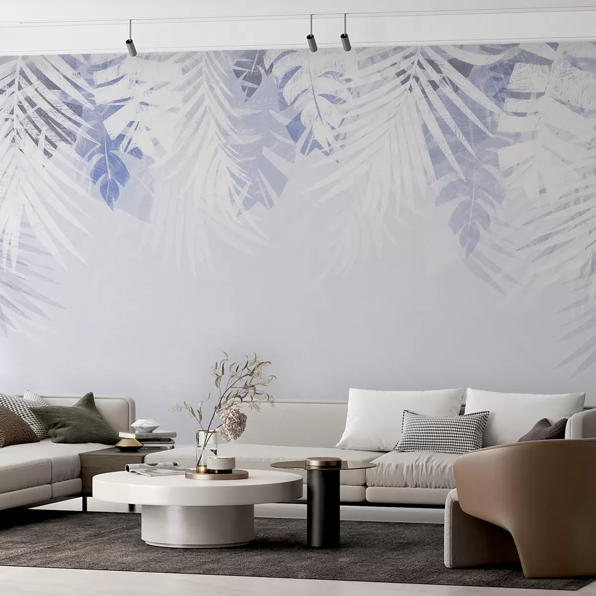 Fototapet Tropiskt lövverk och kvistar, vit och blå färg w00793v1