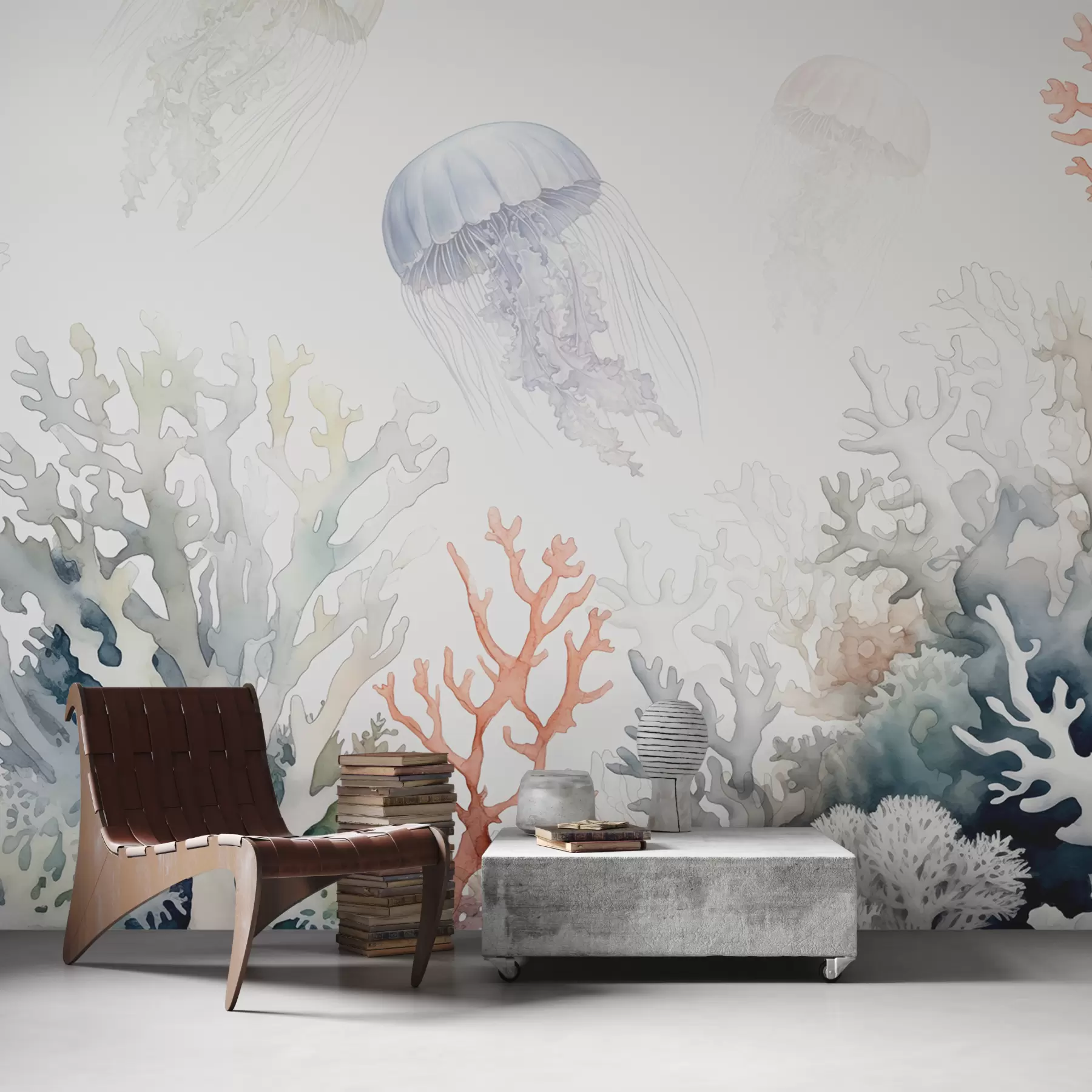 Fototapet Havskoraller, maneter simmar, akvarell, grått, blått, rött w00819