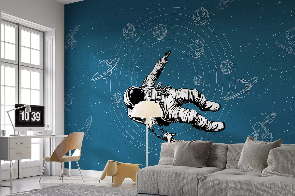 Fototapet Astronaut och planeter på blå bakgrund w00712v3