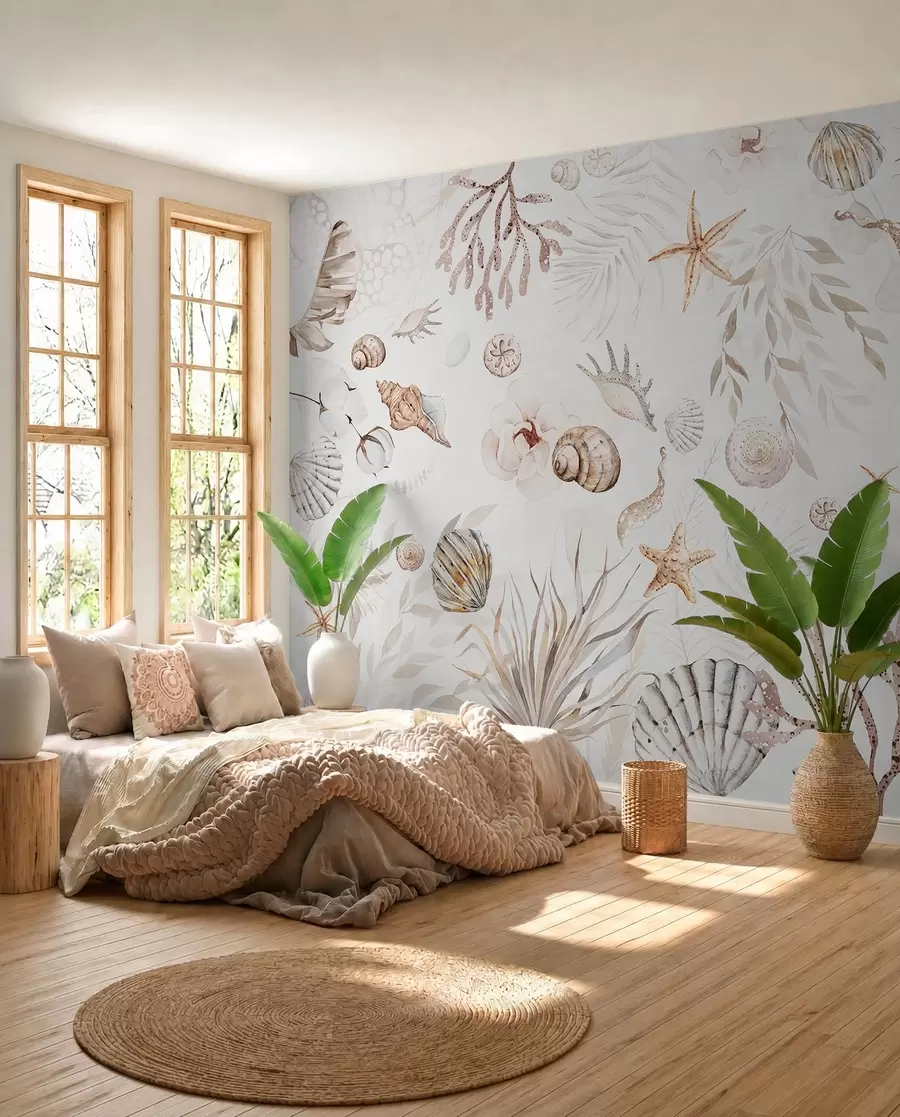 Fototapet Vattenfärg marint mönster, boho stil, snäckskal, koraller, bomull, beige färger w00851
