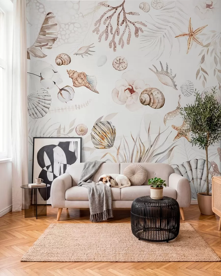 Fototapet Vattenfärg marint mönster, boho stil, snäckskal, koraller, bomull, beige färger w00851