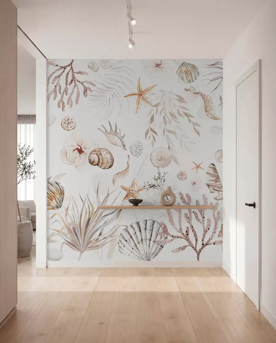 Fototapet Vattenfärg marint mönster, boho stil, snäckskal, koraller, bomull, beige färger w00851