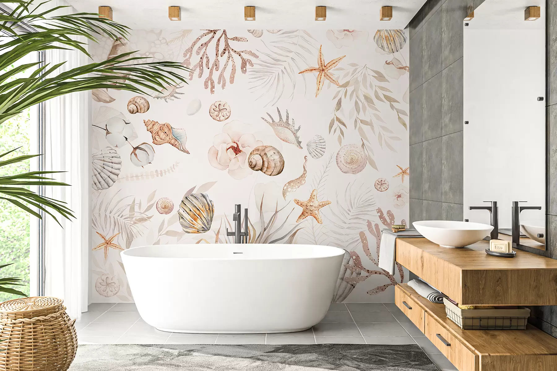 Fototapet Vattenfärg marint mönster, boho stil, snäckskal, koraller, bomull, beige färger w00851