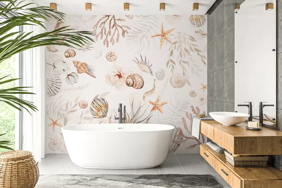 Fototapet Vattenfärg marint mönster, boho stil, snäckskal, koraller, bomull, beige färger w00851