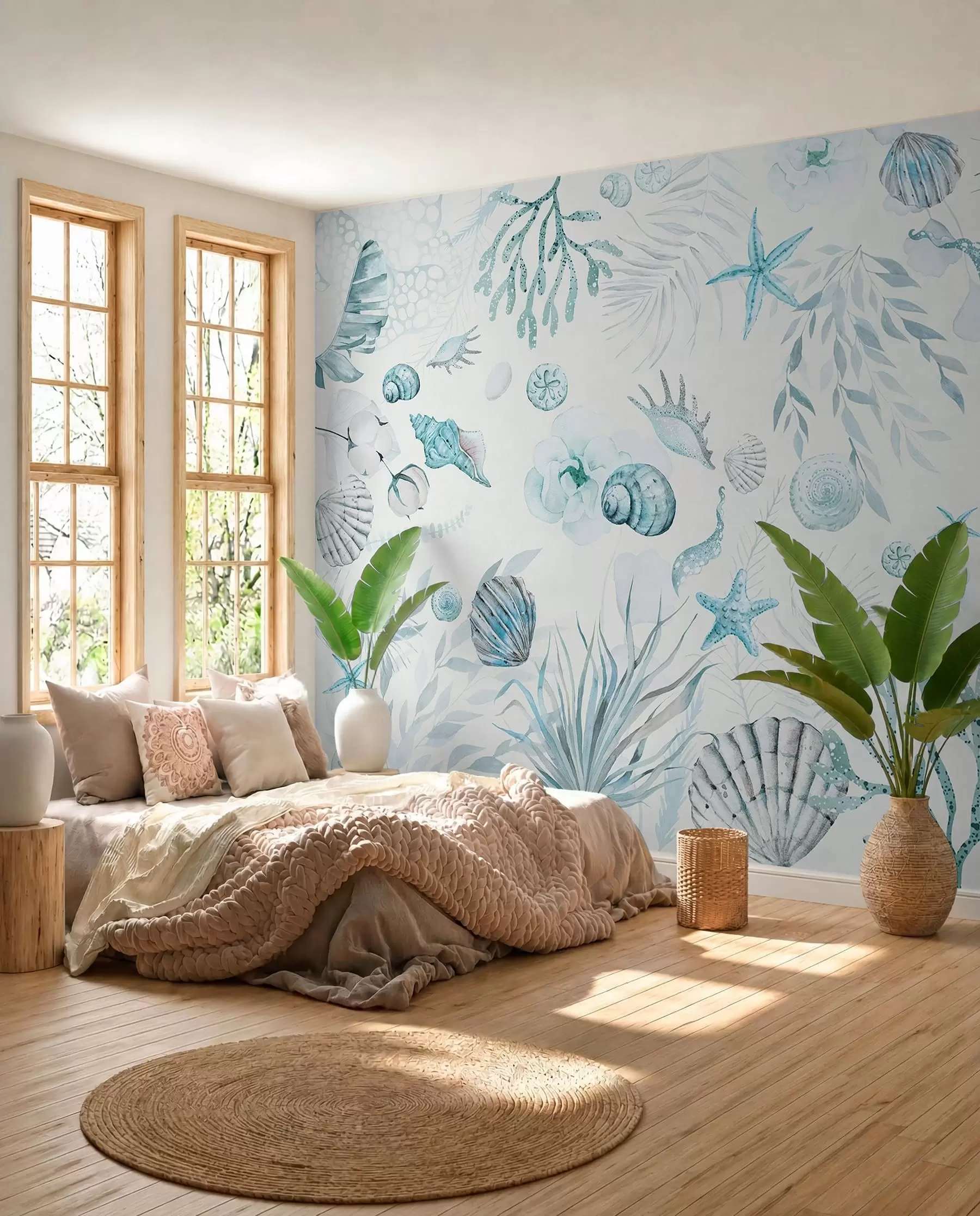 Fototapet Vattenfärg marint mönster, boho stil, snäckskal, koraller, bomull, blå färger w00851v1