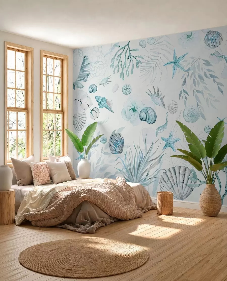 Fototapet Vattenfärg marint mönster, boho stil, snäckskal, koraller, bomull, blå färger w00851v1