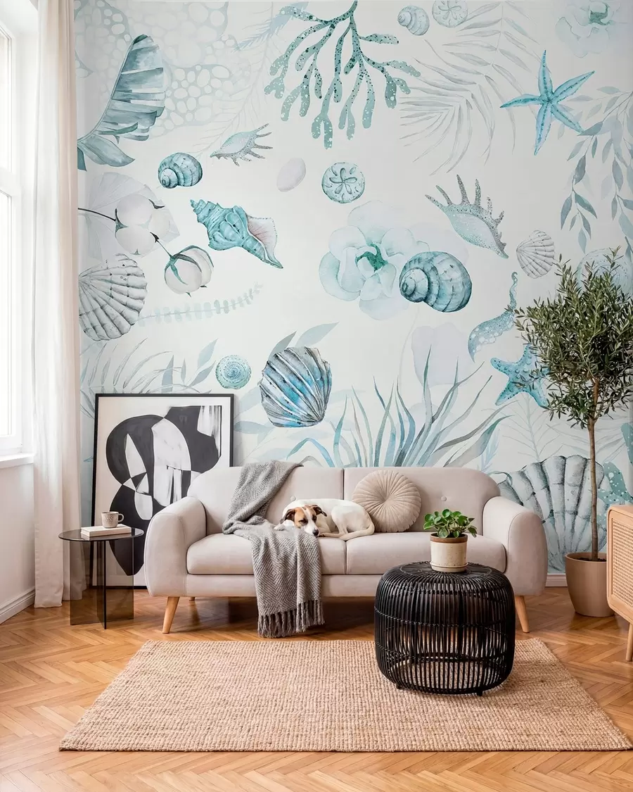 Fototapet Vattenfärg marint mönster, boho stil, snäckskal, koraller, bomull, blå färger w00851v1