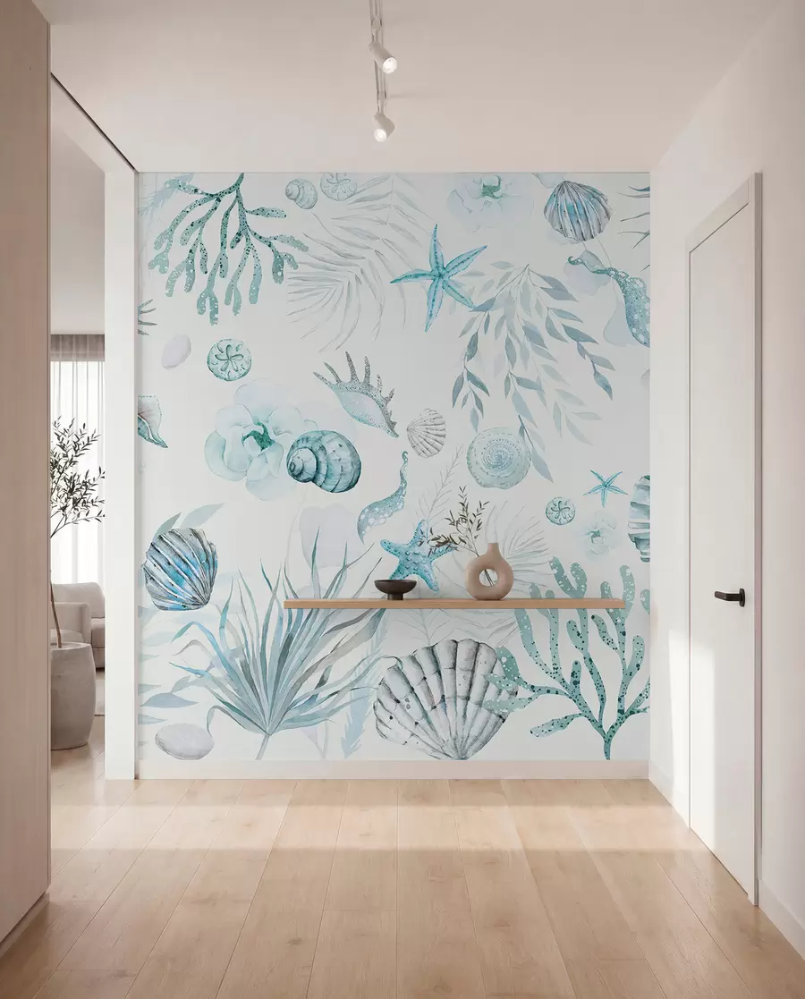 Fototapet Vattenfärg marint mönster, boho stil, snäckskal, koraller, bomull, blå färger w00851v1