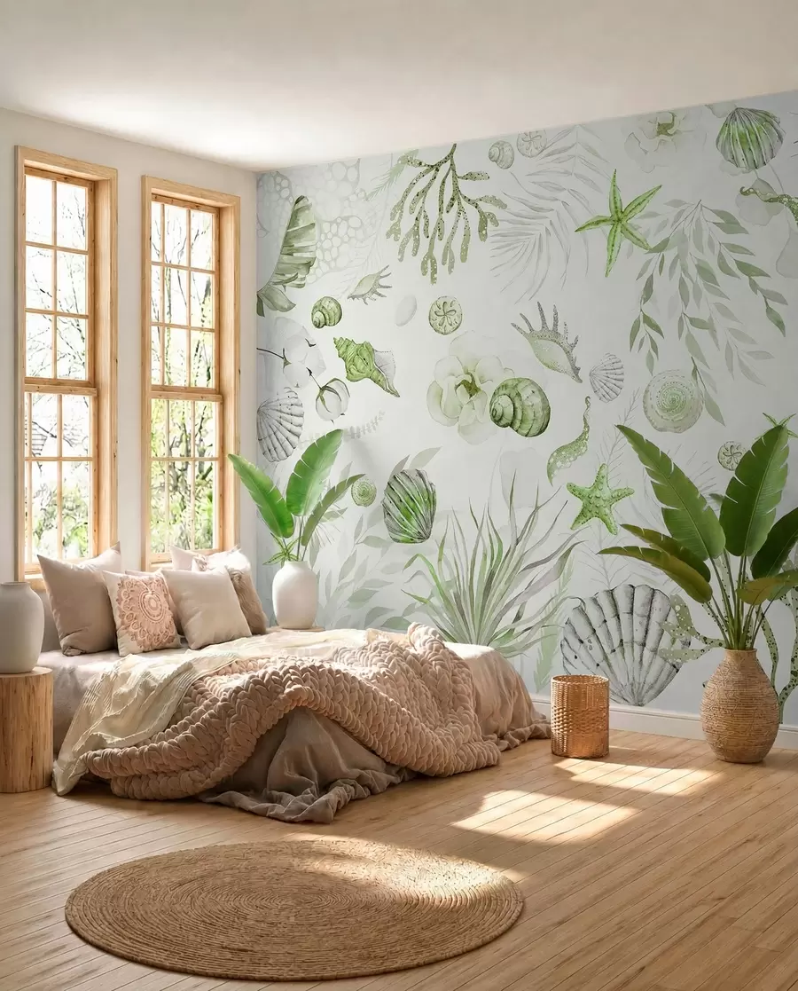 Fototapet Vattenfärg marint mönster, boho stil, snäckskal, koraller, bomull, gröna färger w00851v2