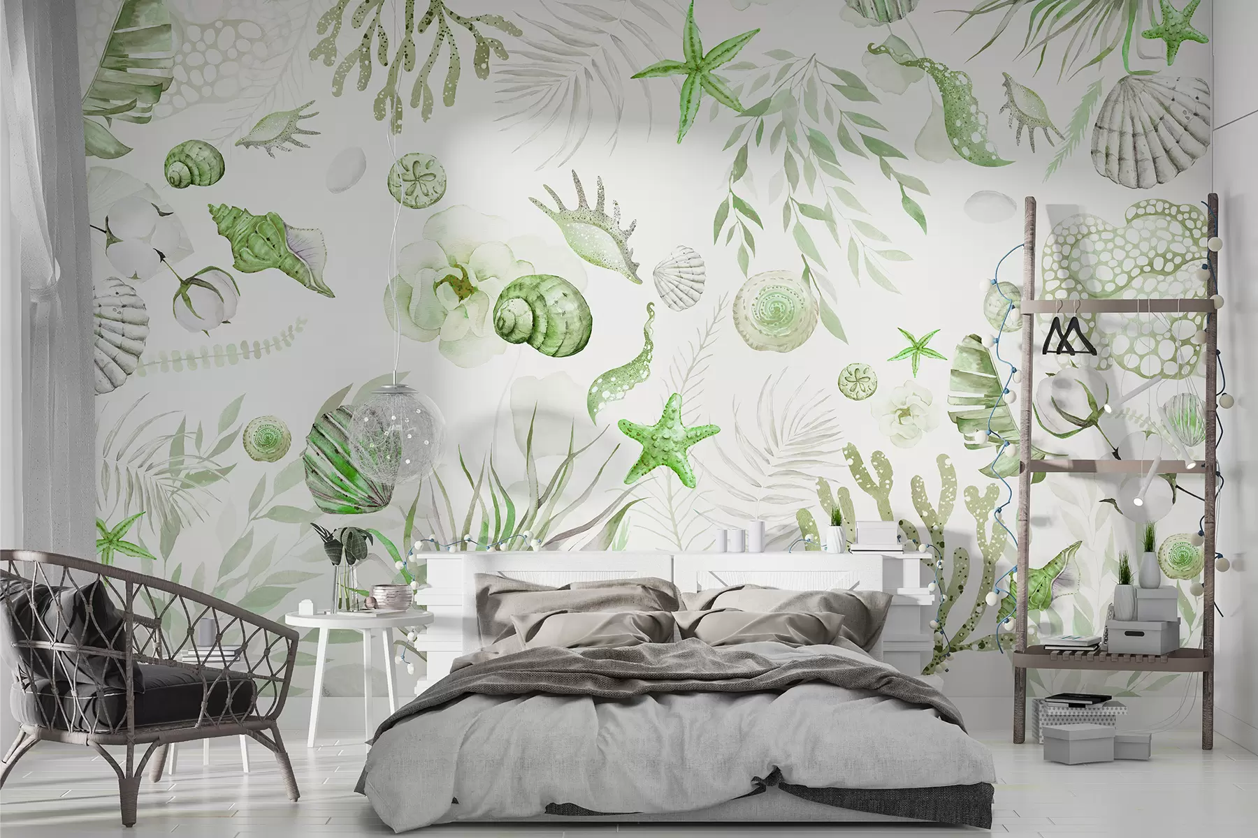 Fototapet Vattenfärg marint mönster, boho stil, snäckskal, koraller, bomull, gröna färger w00851v2