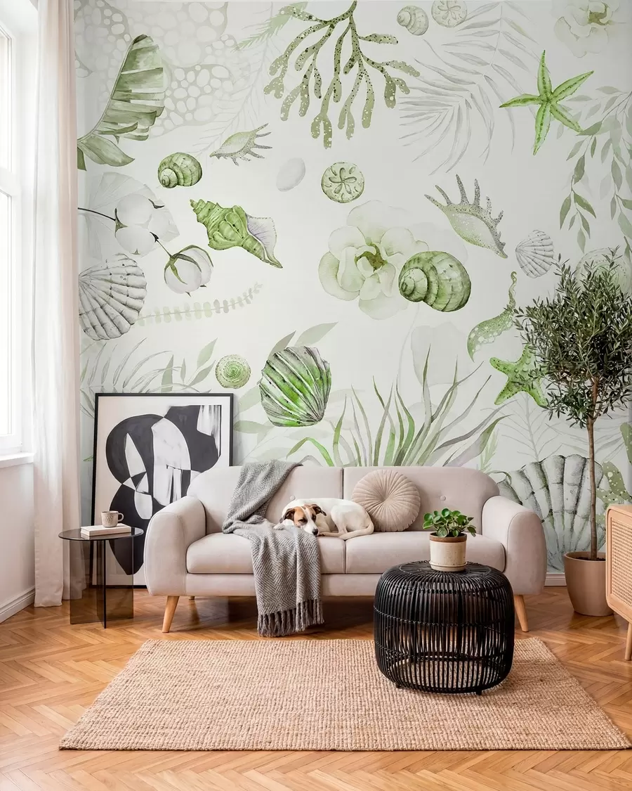 Fototapet Vattenfärg marint mönster, boho stil, snäckskal, koraller, bomull, gröna färger w00851v2