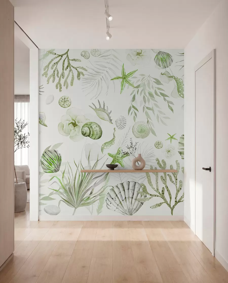 Fototapet Vattenfärg marint mönster, boho stil, snäckskal, koraller, bomull, gröna färger w00851v2