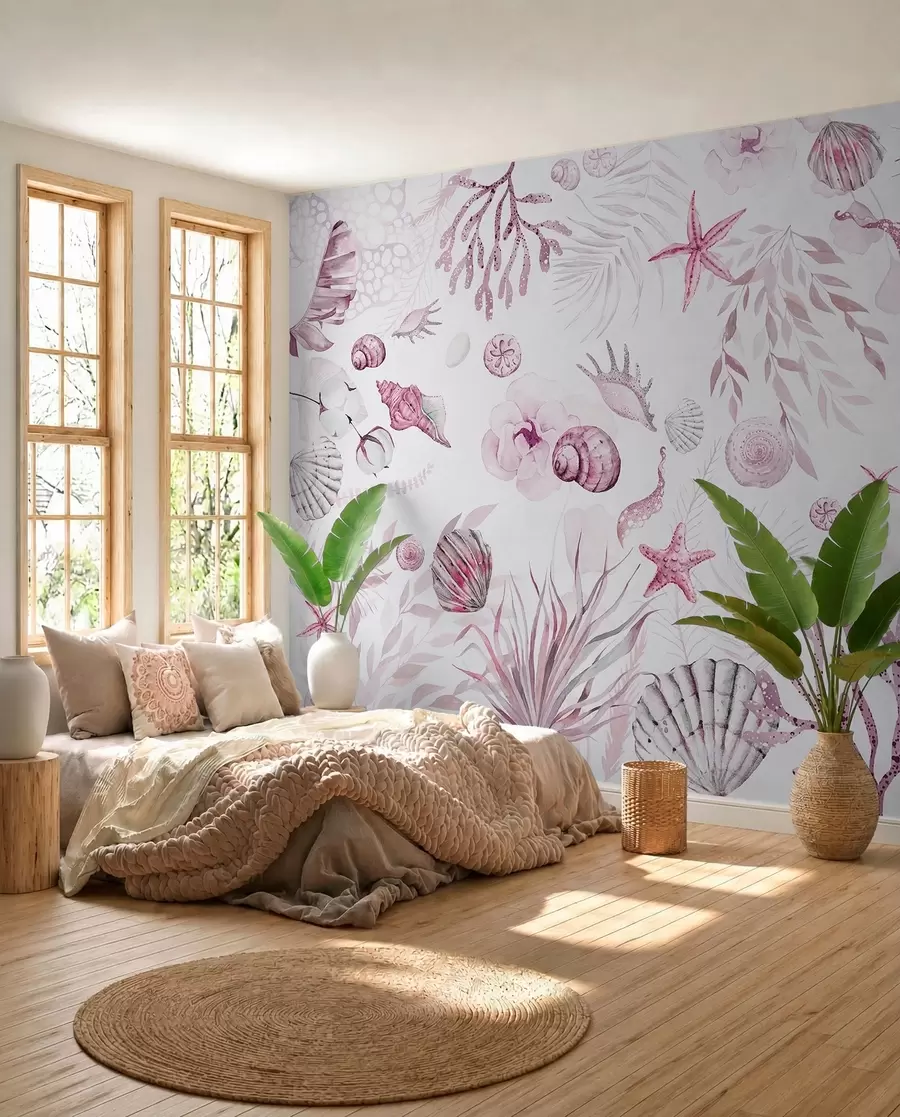 Fototapet Vattenfärg marint mönster, boho stil, snäckskal, koraller, bomull, rosa färger w00851v3