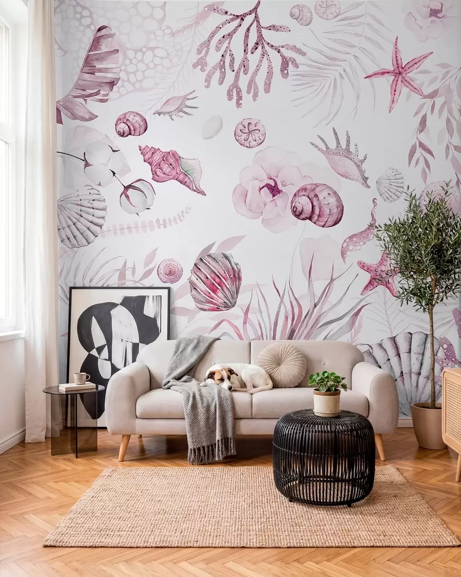 Fototapet Vattenfärg marint mönster, boho stil, snäckskal, koraller, bomull, rosa färger w00851v3