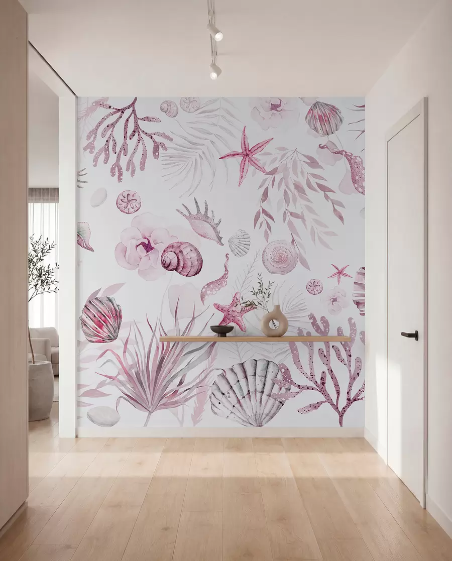 Fototapet Vattenfärg marint mönster, boho stil, snäckskal, koraller, bomull, rosa färger w00851v3