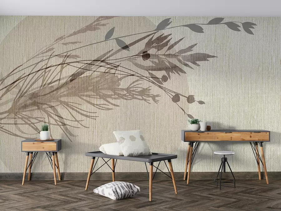 Fototapet En minimalistisk illustration av en cirkulär form med abstrakta växtliknande element i dämpade jordtoner w00902