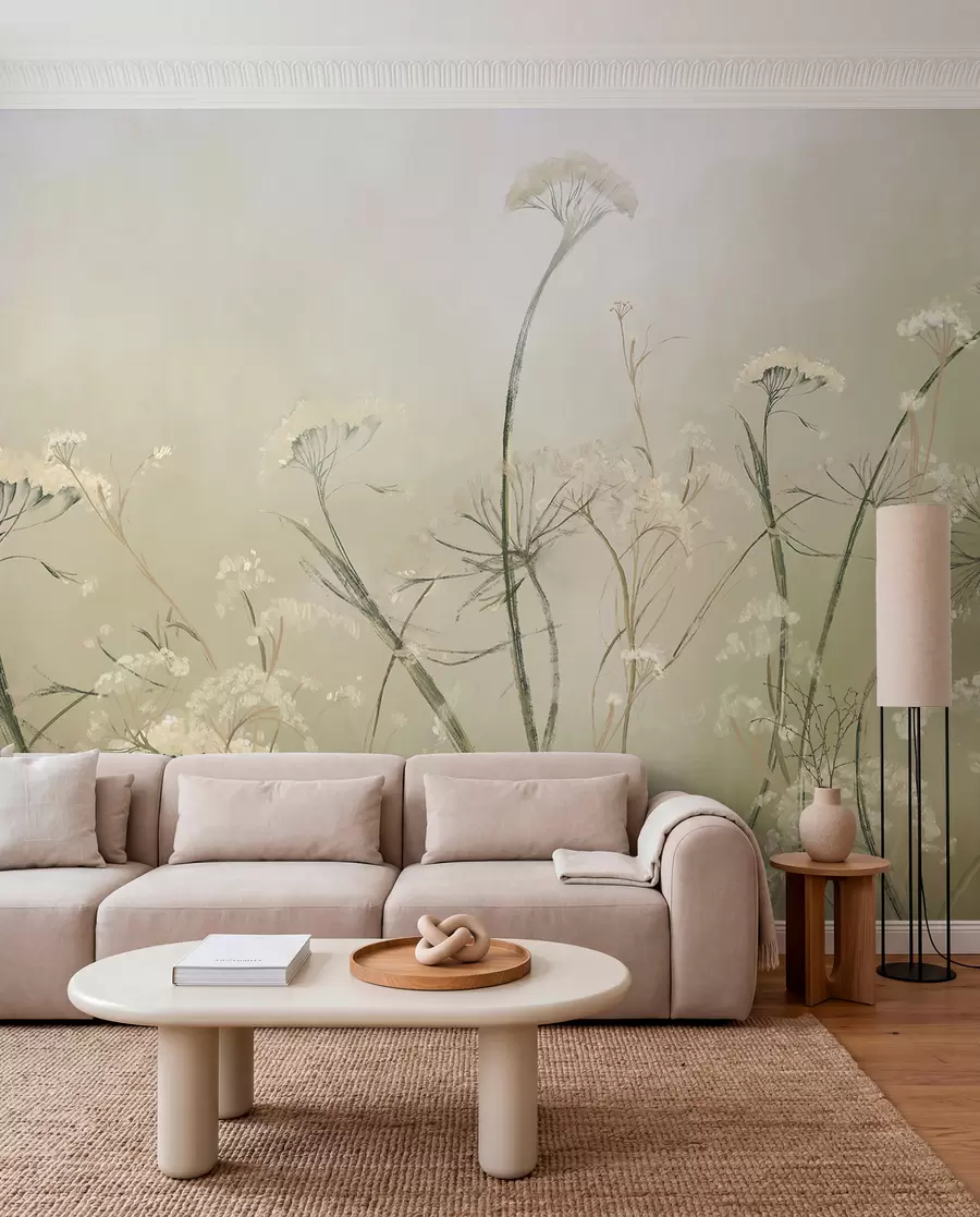 Fototapet Vita vilda blommor i ett dimmigt fält med mjuk, suddig sepiabakgrund w00903v1