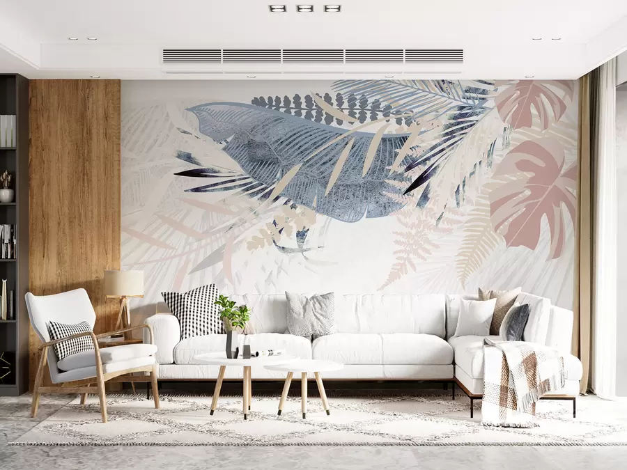 Fototapet Modern botanisk design med tropiskt texturerat palmbladsmönster med olika nyanser av blått, grått och rosa w00908