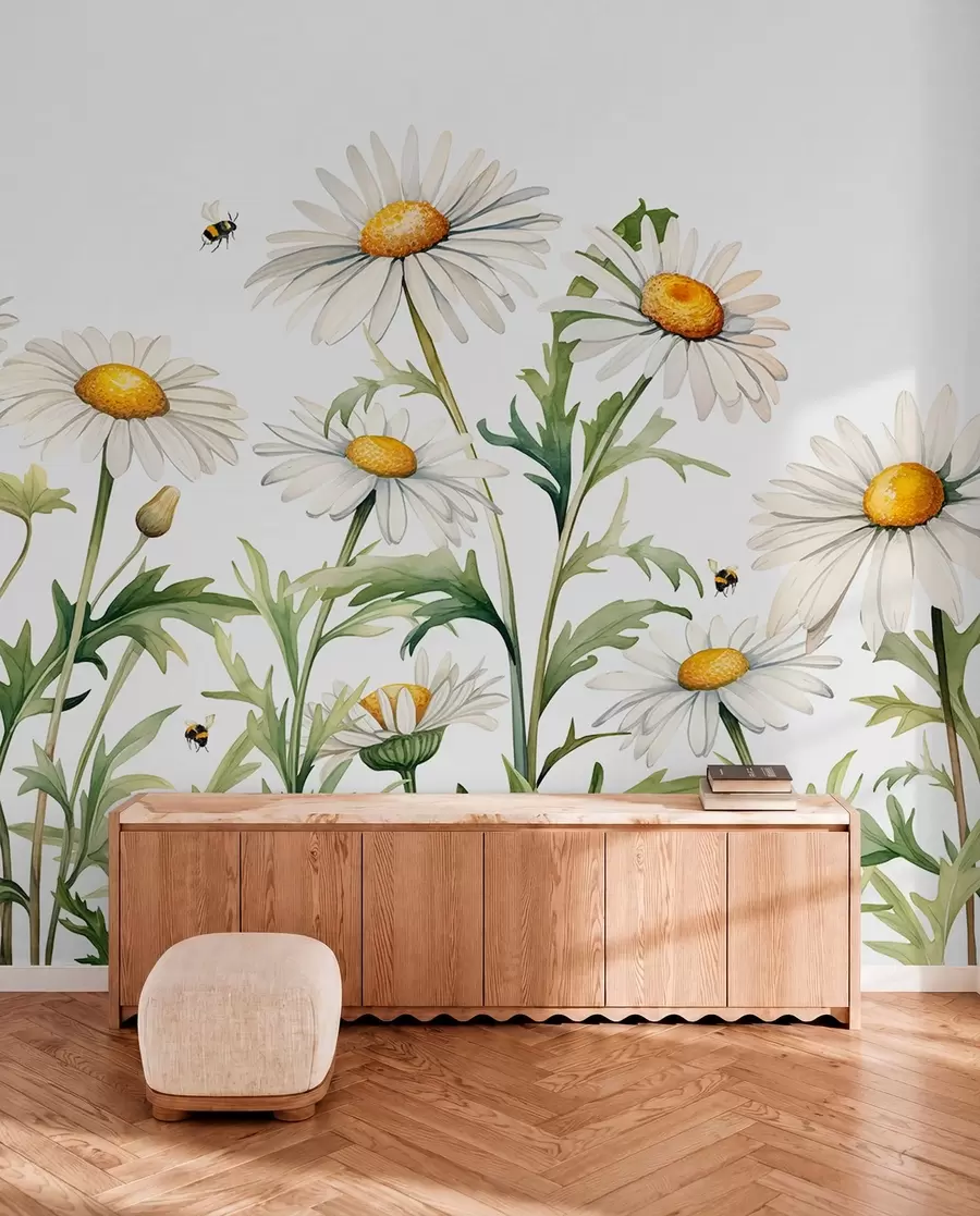 Fototapet Vita prästkragar som blommar, bin flyger akvarellväxtillustration, grön, vit, gul färg w01176