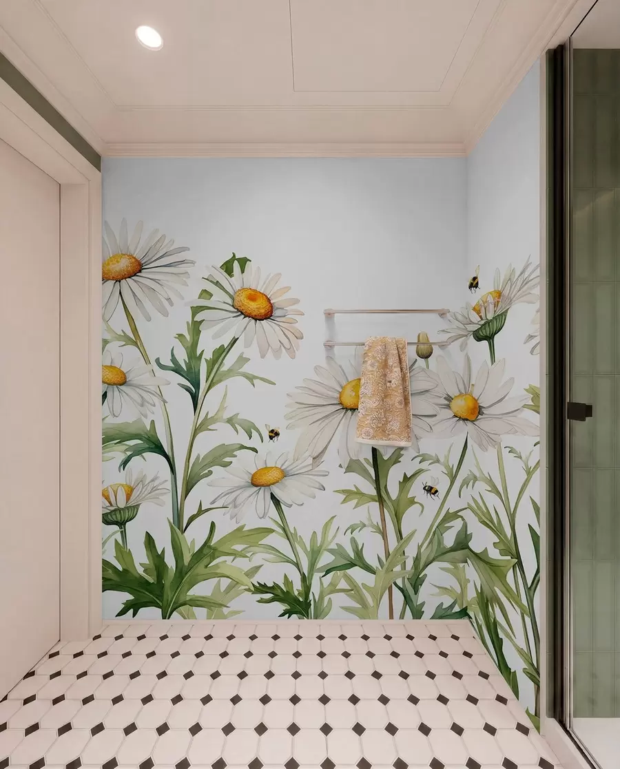 Fototapet Vita prästkragar som blommar, bin flyger akvarellväxtillustration, grön, vit, gul färg w01176