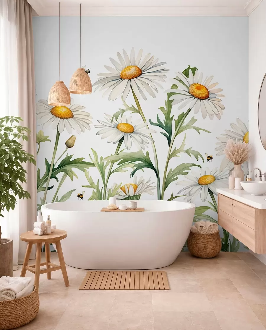 Fototapet Vita prästkragar som blommar, bin flyger akvarellväxtillustration, grön, vit, gul färg w01176