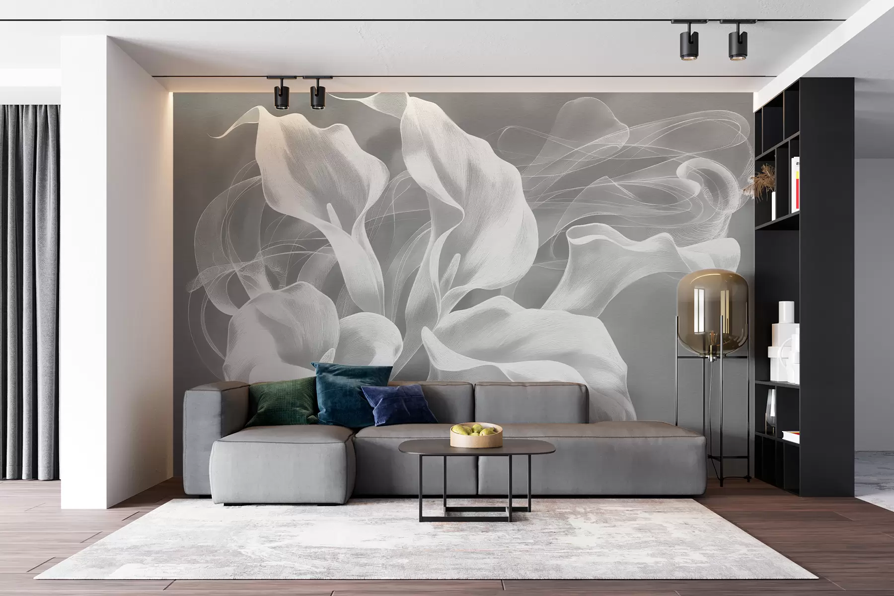 Fototapet abstrakta blommor med en slöja på en grå bakgrund w01196v4