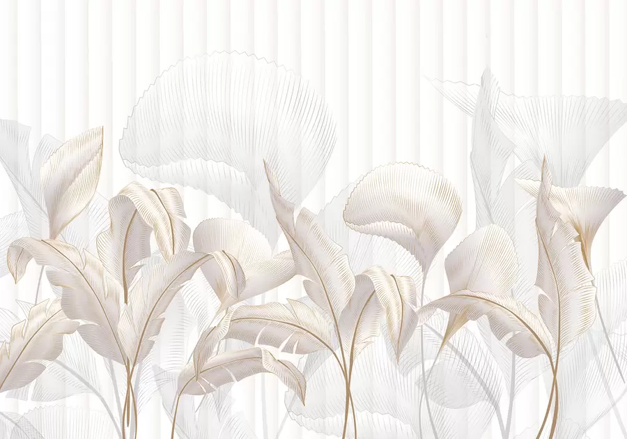 Fototapet En närbild av tropiska blad mot en vit bakgrund, med texturerad bakgrund w01237