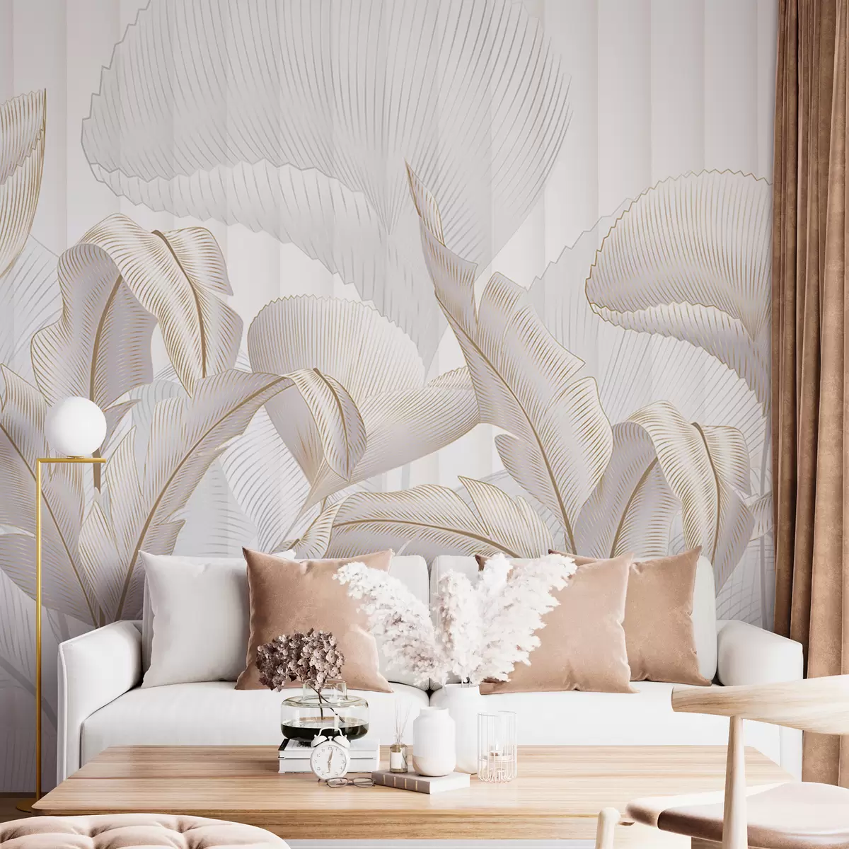 Fototapet En närbild av tropiska blad mot en vit bakgrund, med texturerad bakgrund w01237