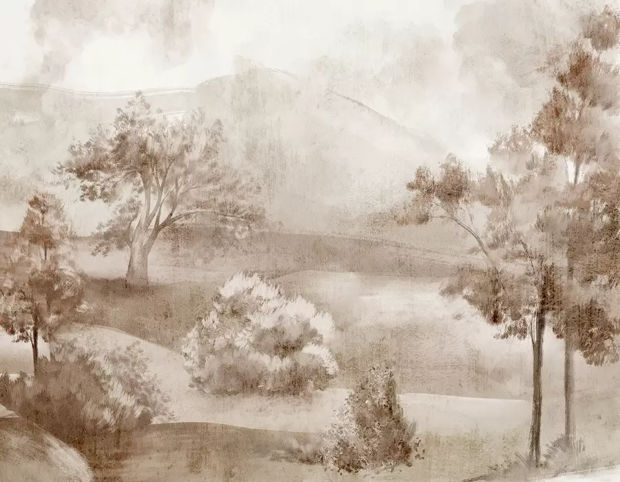 Fototapet Landskapsmålning av en dimmig landsbygdsscen omgiven av frodiga träd och lövverk i bruna nyanser w01247