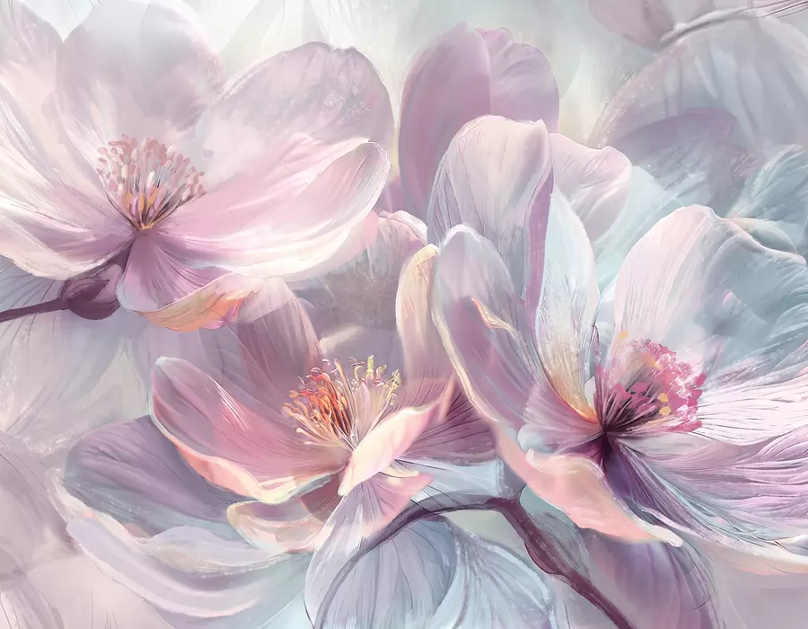 Fototapet Delikat transparent pastell neon ljusrosa och vita blommor med mjuk, suddig bakgrund w01307