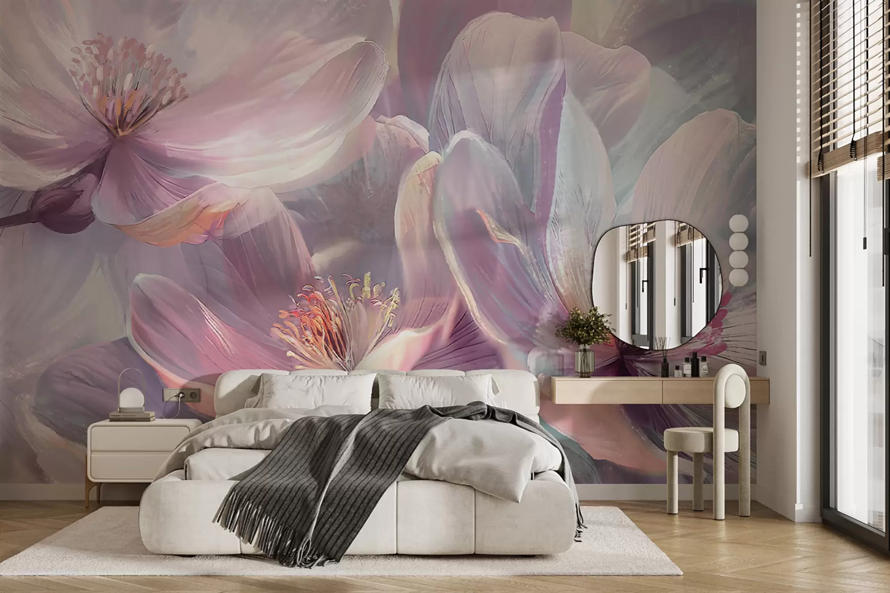 Fototapet Delikat transparent pastell neon ljusrosa och vita blommor med mjuk, suddig bakgrund w01307