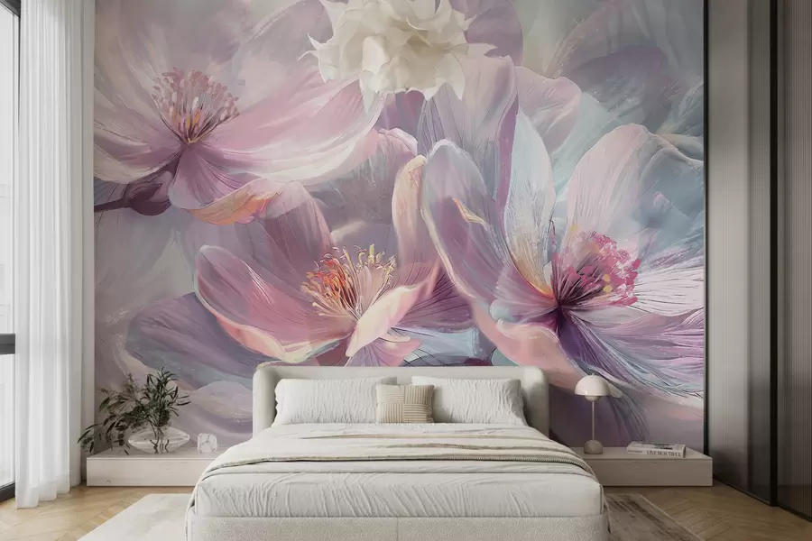 Fototapet Delikat transparent pastell neon ljusrosa och vita blommor med mjuk, suddig bakgrund w01307