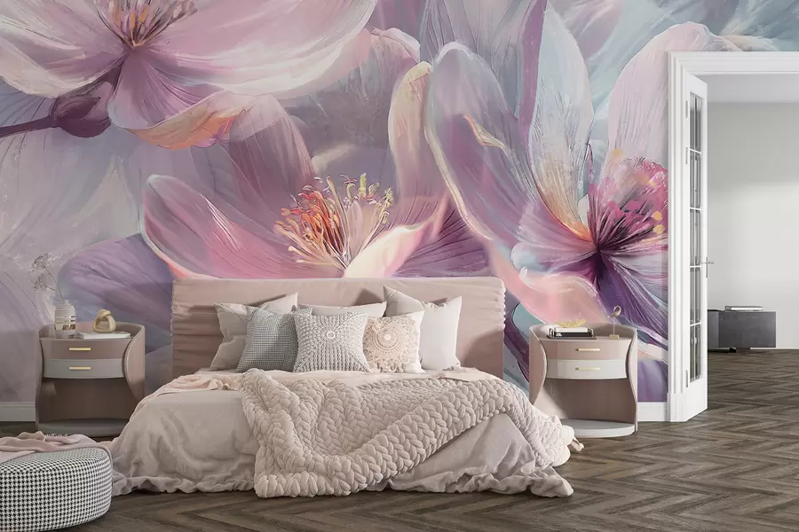 Fototapet Delikat transparent pastell neon ljusrosa och vita blommor med mjuk, suddig bakgrund w01307