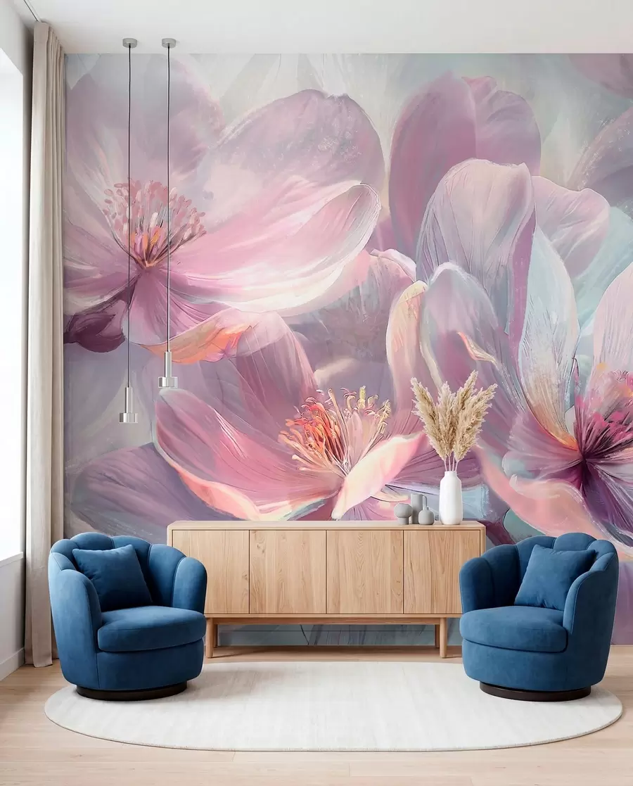 Fototapet Delikat transparent pastell neon ljusrosa och vita blommor med mjuk, suddig bakgrund w01307