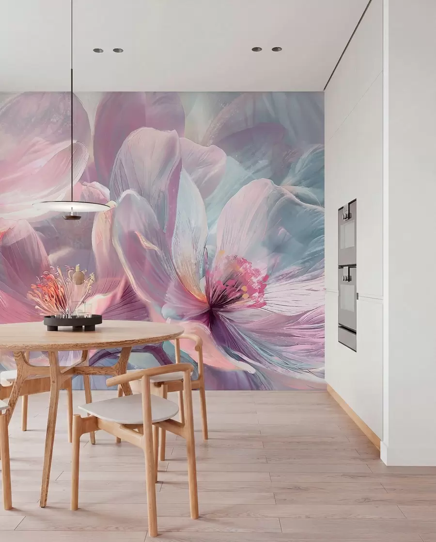 Fototapet Delikat transparent pastell neon ljusrosa och vita blommor med mjuk, suddig bakgrund w01307