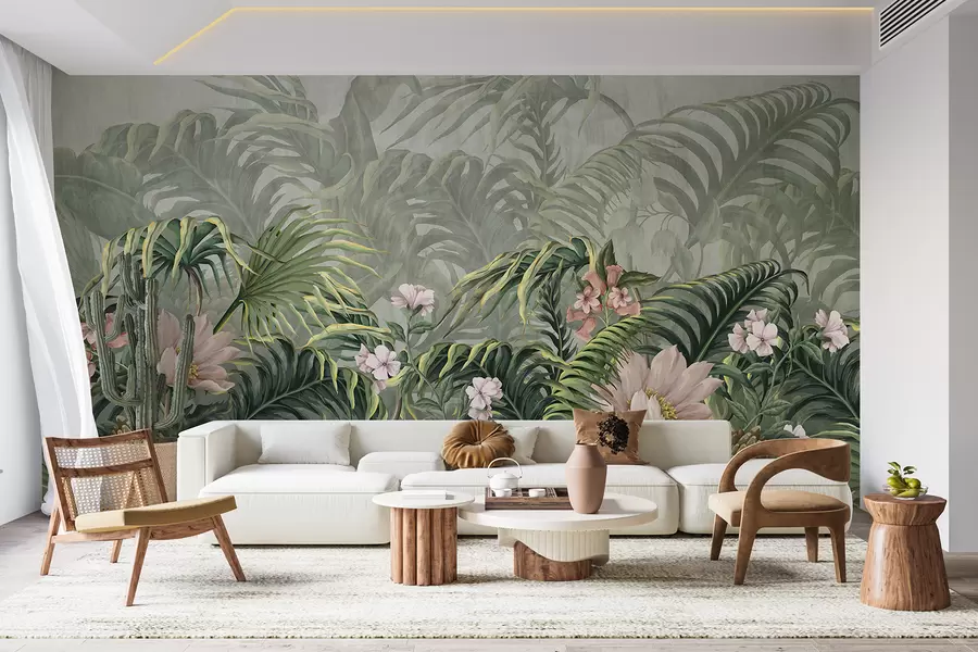 Fototapet En frodig tropisk djungel gröna palmblad och ormbunkar i förgrunden med blommor  w01309