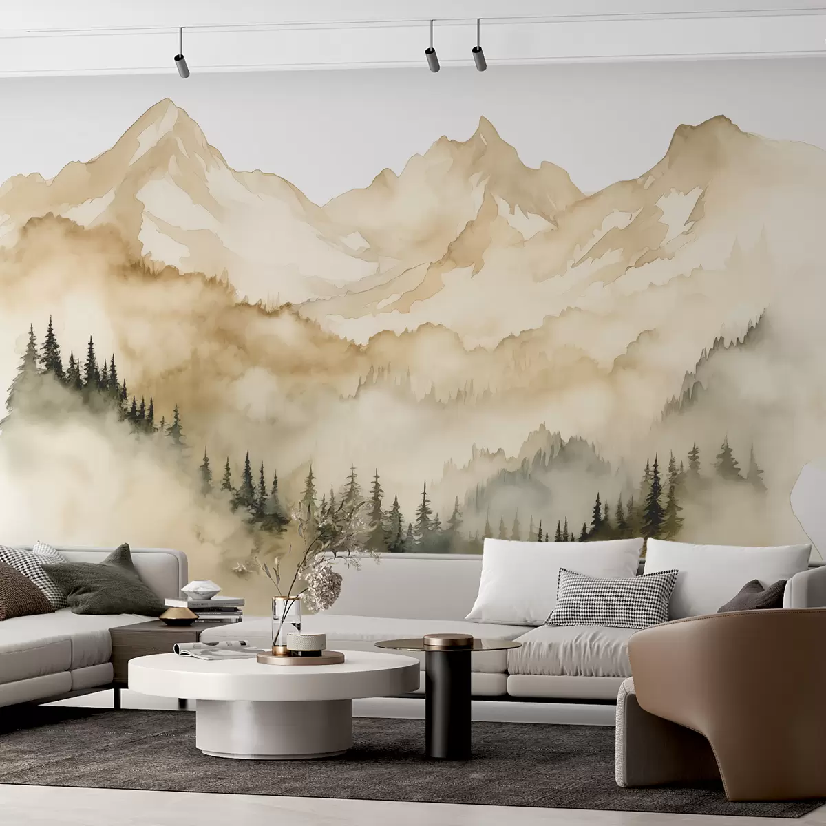 Fototapet Skog i dimma vid foten av klippiga beige berg akvarellillustration w07884