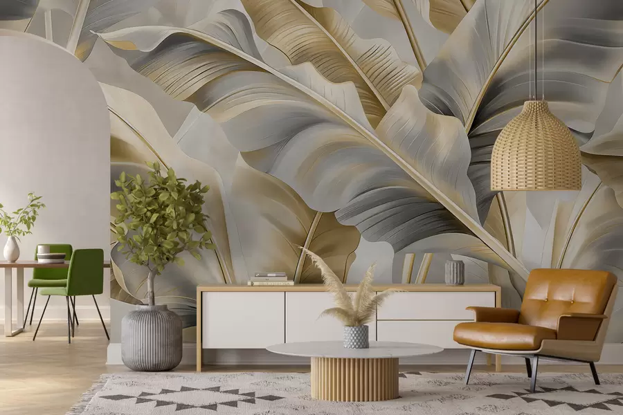 Fototapet lyxiga stora bananblad i grå-beige toner w07876