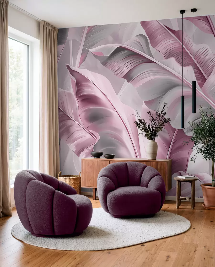 Fototapet lyxiga stora bananblad i rosa grå toner w07876v2