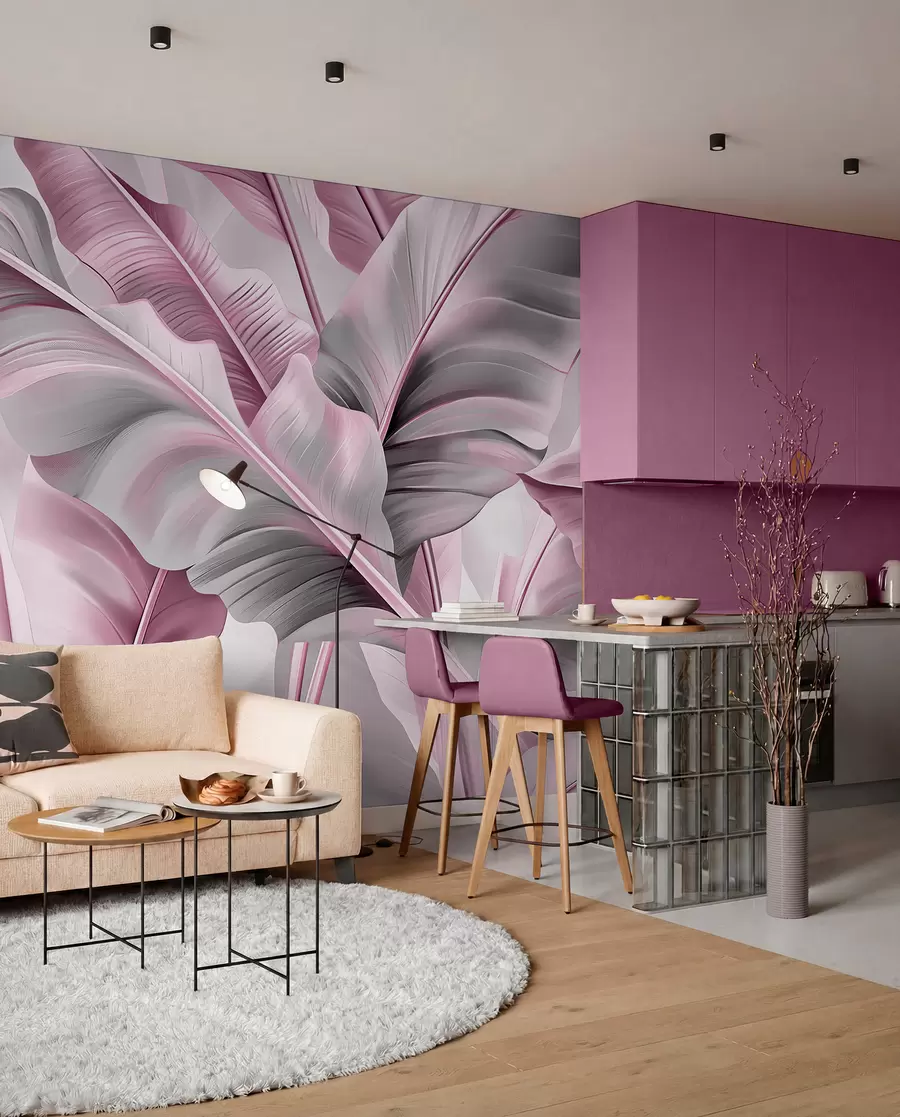Fototapet lyxiga stora bananblad i rosa grå toner w07876v2