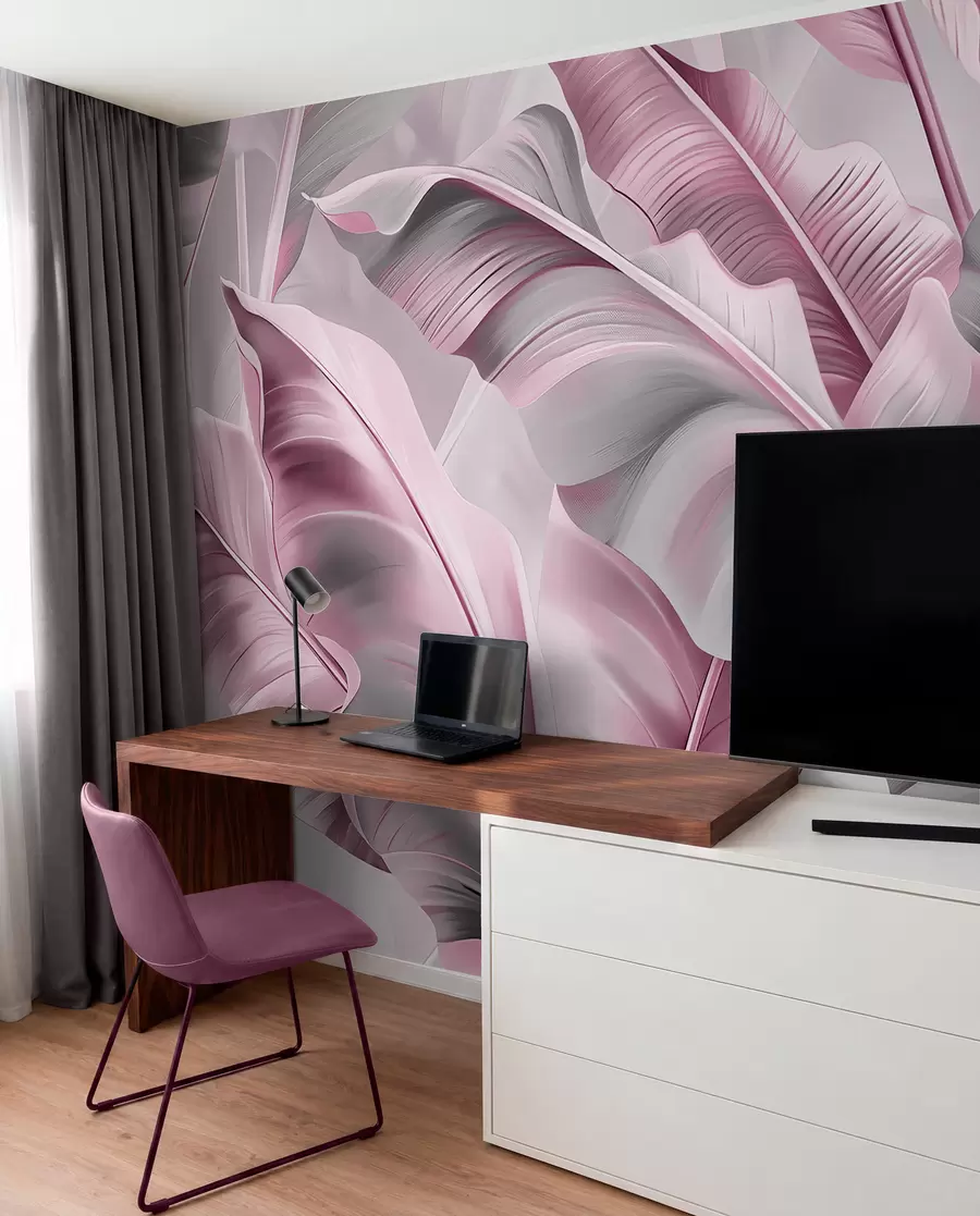 Fototapet lyxiga stora bananblad i rosa grå toner w07876v2