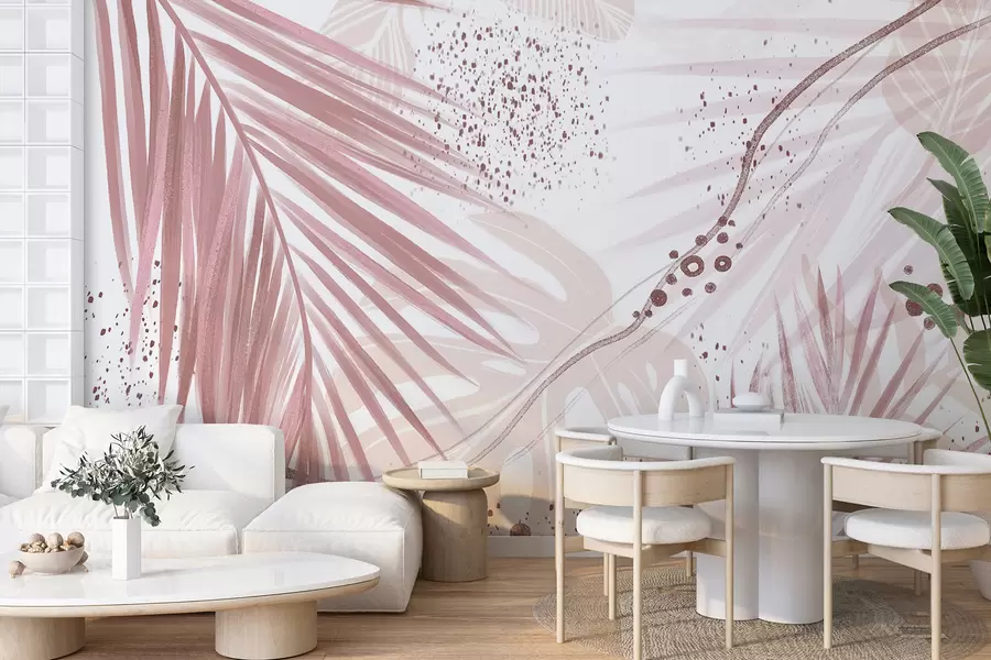 Fototapet En tropisk rosa palmblad och blad, med abstrakta former och stänk i nyanser av rosa och vitt w07918v1