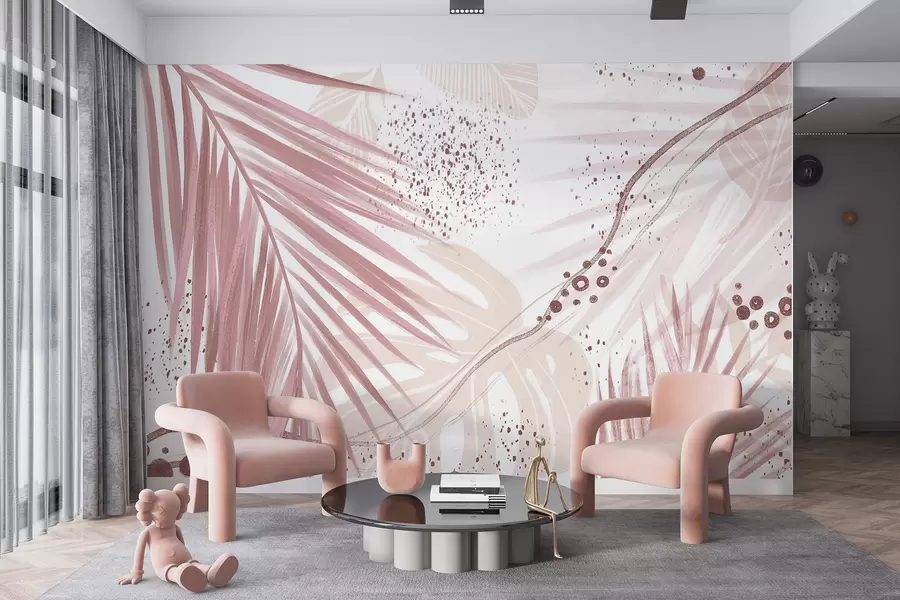 Fototapet En tropisk rosa palmblad och blad, med abstrakta former och stänk i nyanser av rosa och vitt w07918v1