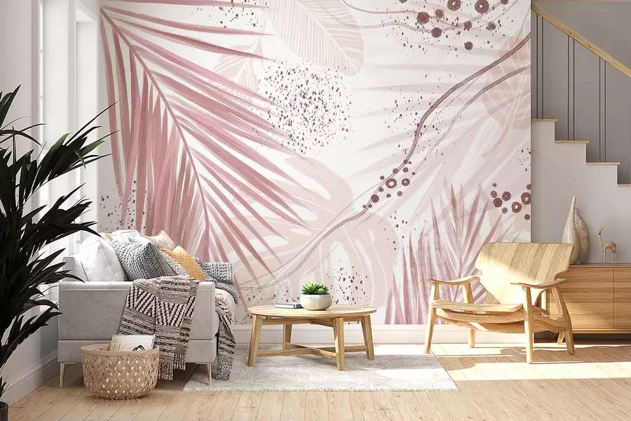 Fototapet En tropisk rosa palmblad och blad, med abstrakta former och stänk i nyanser av rosa och vitt w07918v1