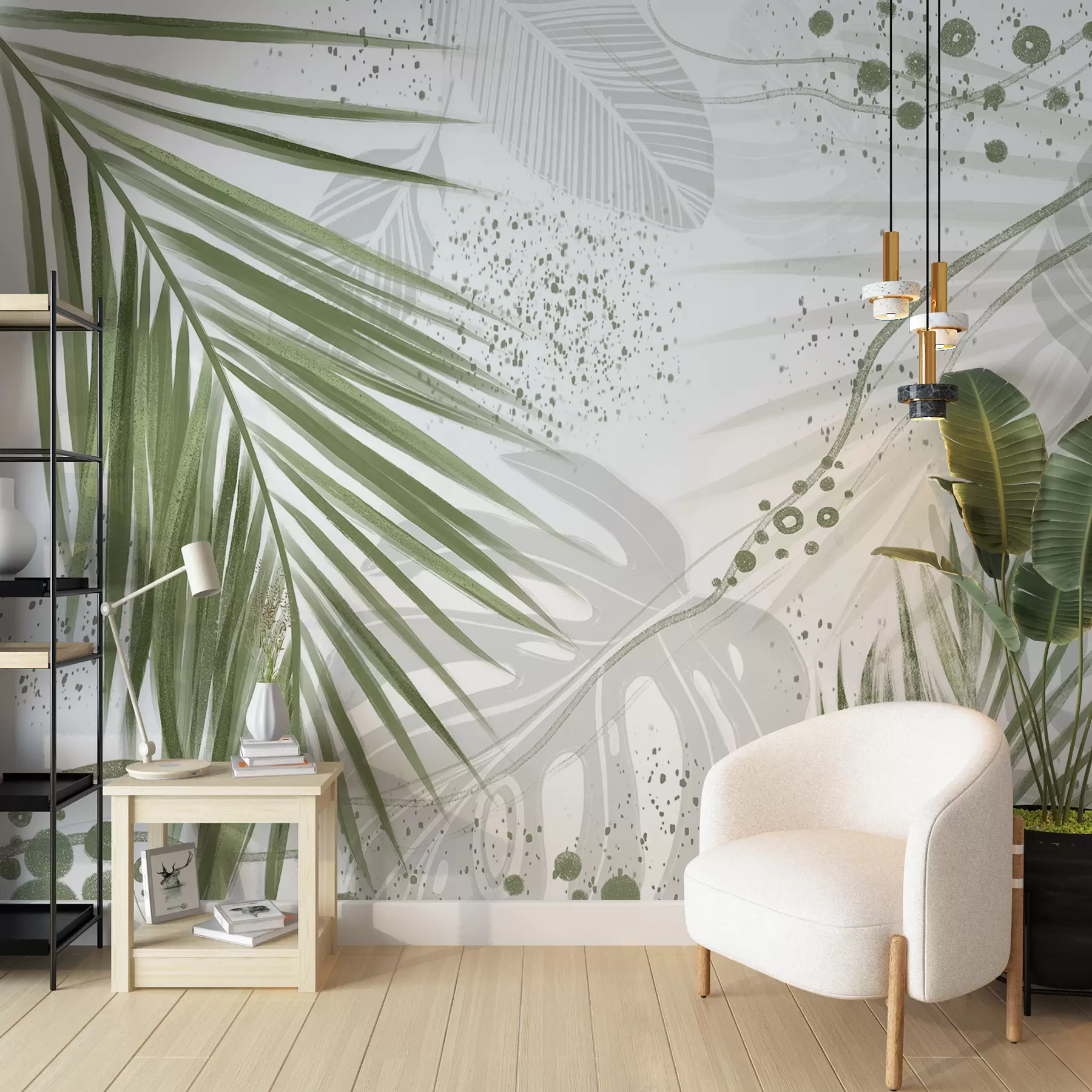 Fototapet En tropisk grön palmblad och blad, med abstrakta former och stänk i nyanser av grönt och vitt w07918