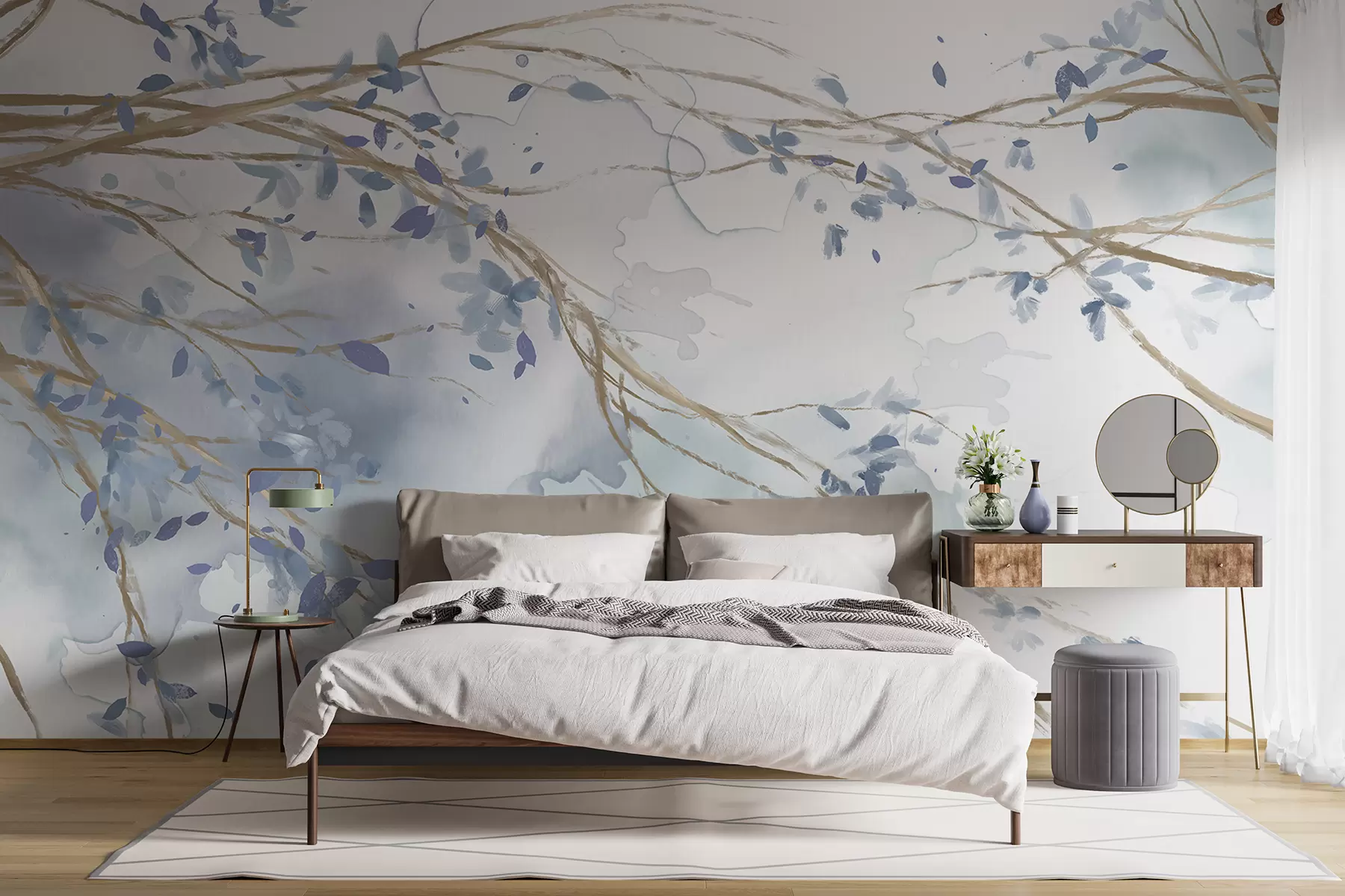 Fototapet Delikat blå och vita blommiga grenar med mjuk, suddig akvarellbakgrund w07919